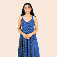 Indigo Dot Handblock Cotton Noodles Strap Dress