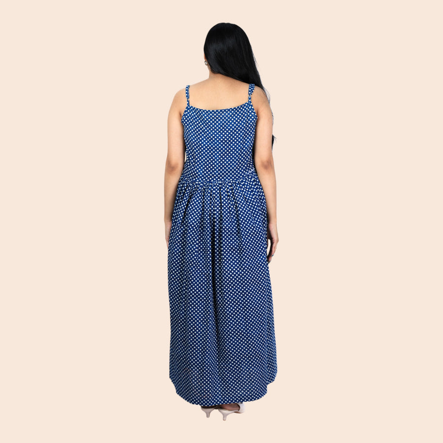 Indigo Dot Handblock Cotton Noodles Strap Dress