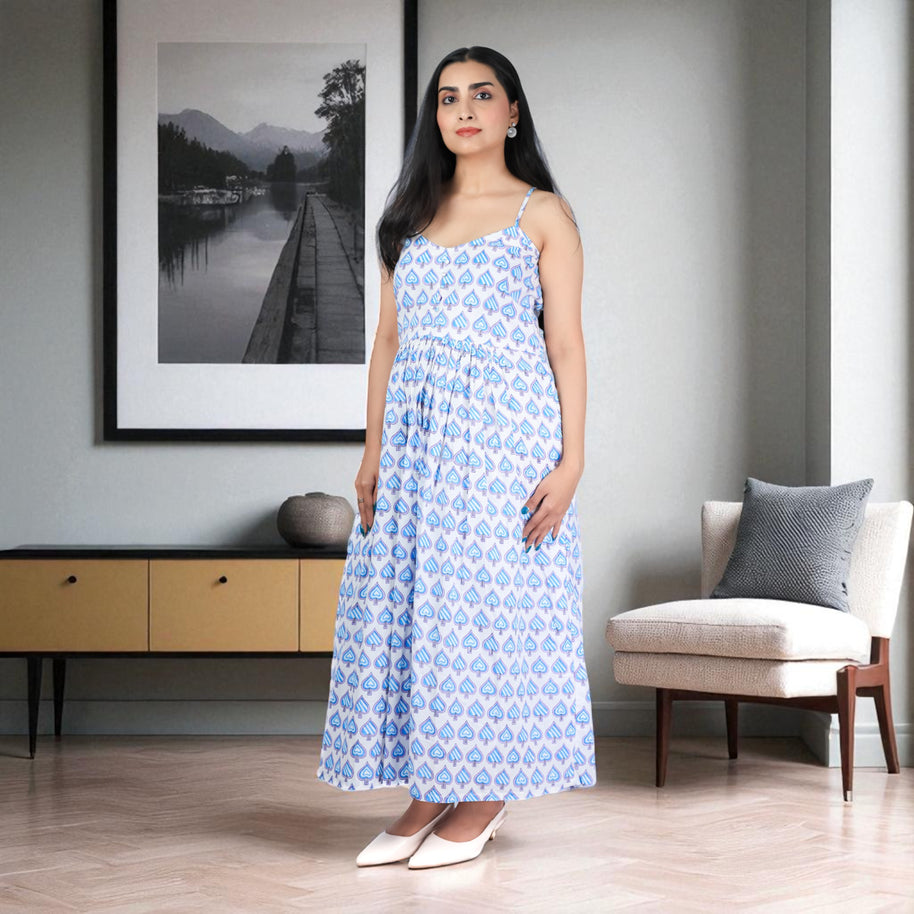 Betel Breeze Handblock Noodles Strap Cotton Dress