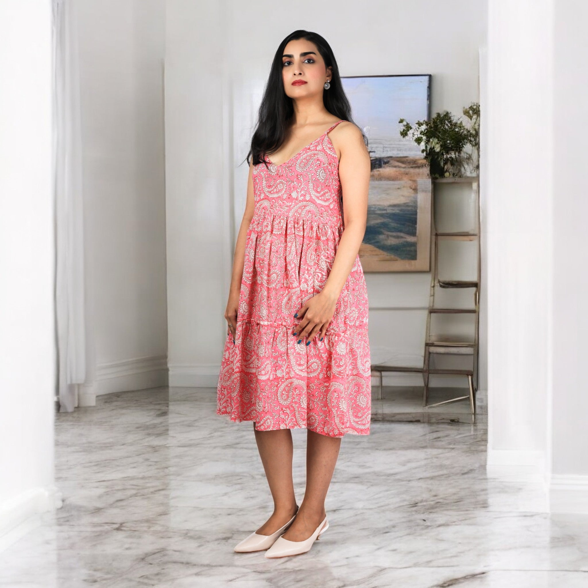 PinkPaisley Smocking Handblock Cotton Strap Dress