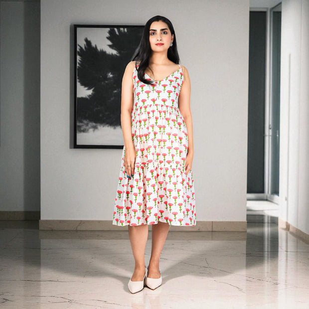 PetalWhisper Smocking Handblock Cotton Strap Dress