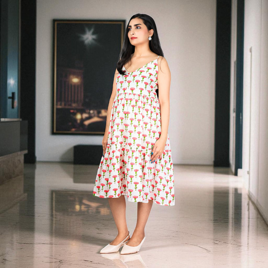 PetalWhisper Smocking Handblock Cotton Strap Dress