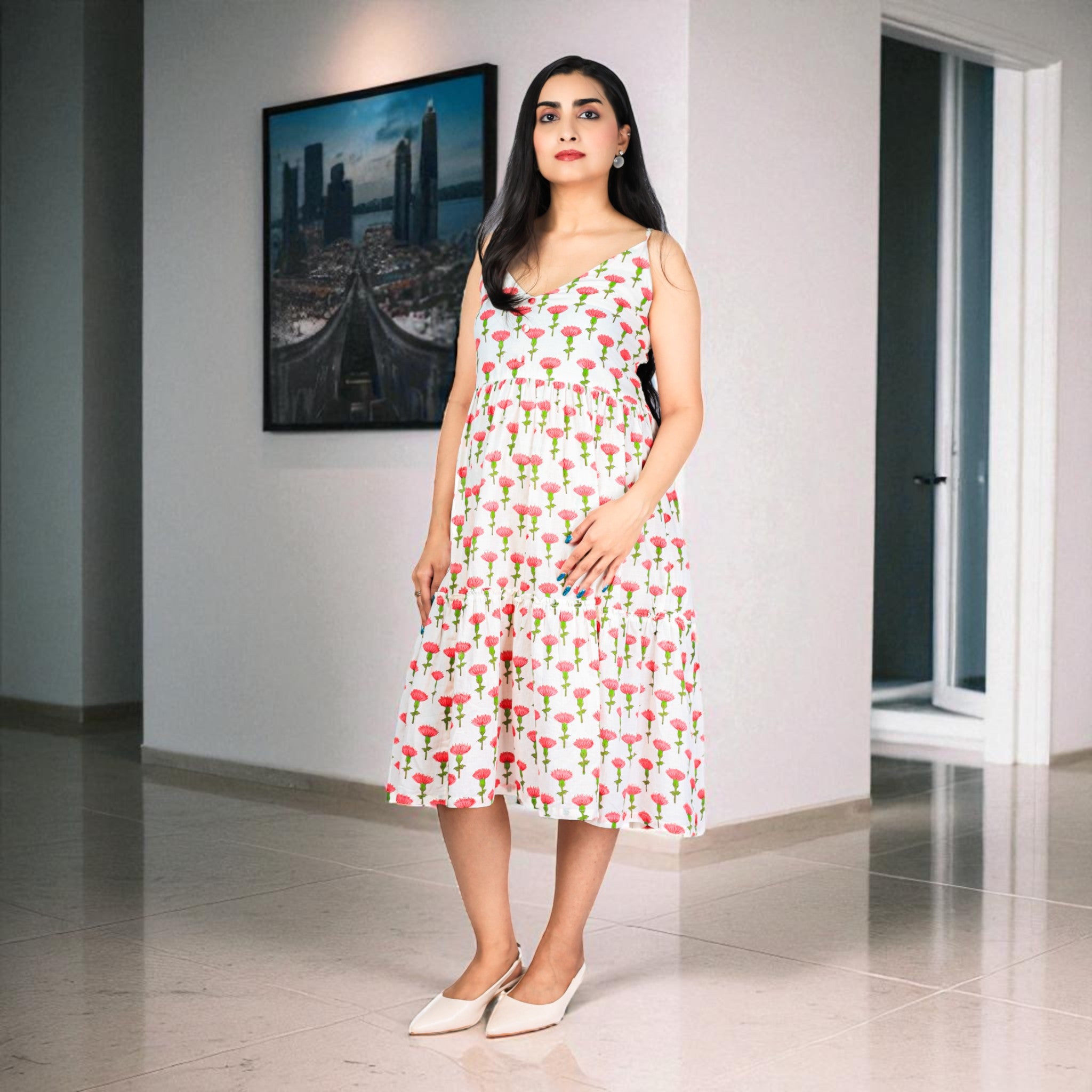 PetalWhisper Smocking Handblock Cotton Strap Dress