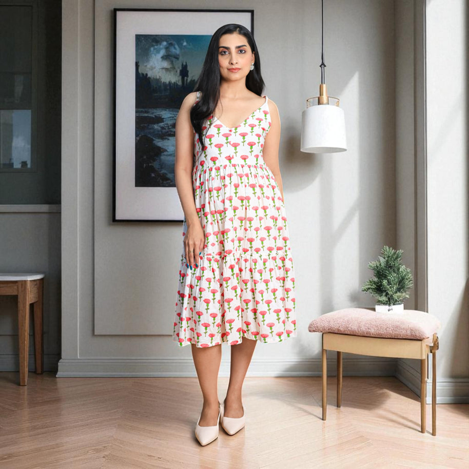 PetalWhisper Smocking Handblock Cotton Strap Dress