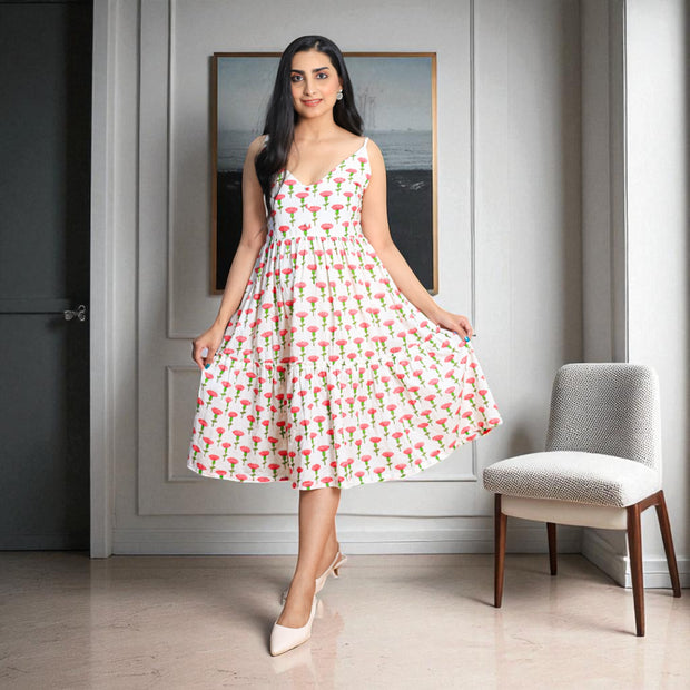 PetalWhisper Smocking Handblock Cotton Strap Dress
