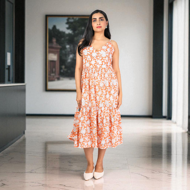 Amber Petal Smocking Handblock Cotton Strap Dress