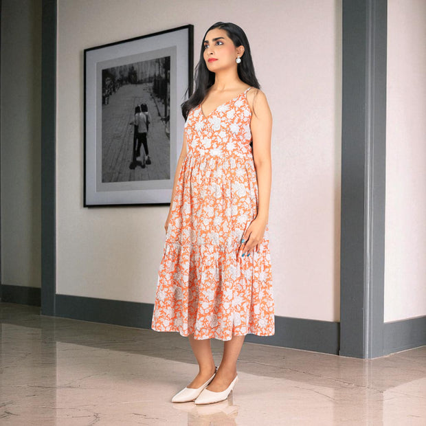 Amber Petal Smocking Handblock Cotton Strap Dress