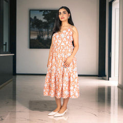 Amber Petal Smocking Handblock Cotton Strap Dress