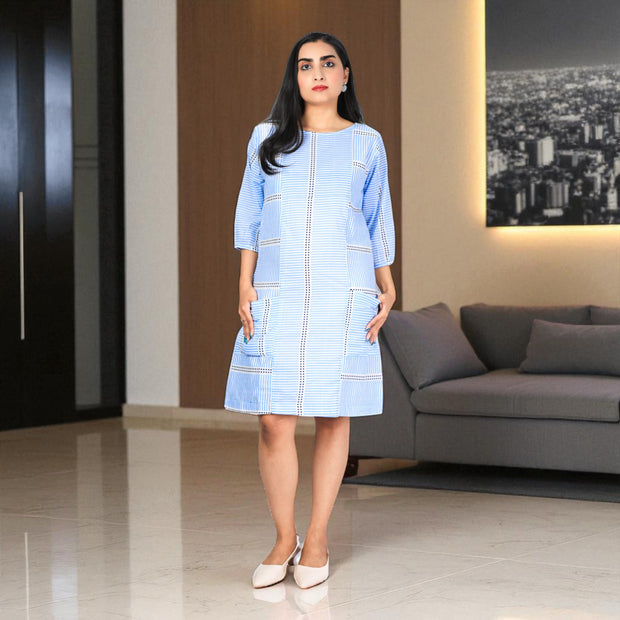 Coastal Lines Handblock Cotton Shift Dress