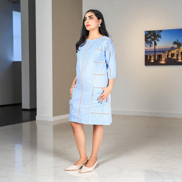 Coastal Lines Handblock Cotton Shift Dress