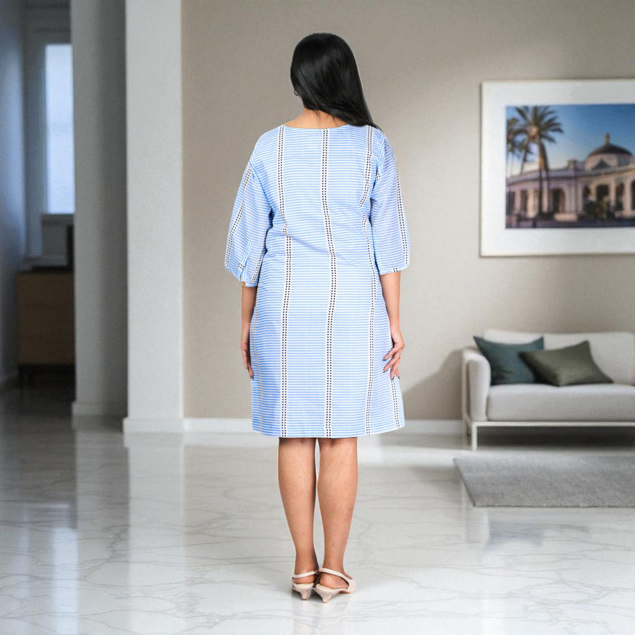 Coastal Lines Handblock Cotton Shift Dress