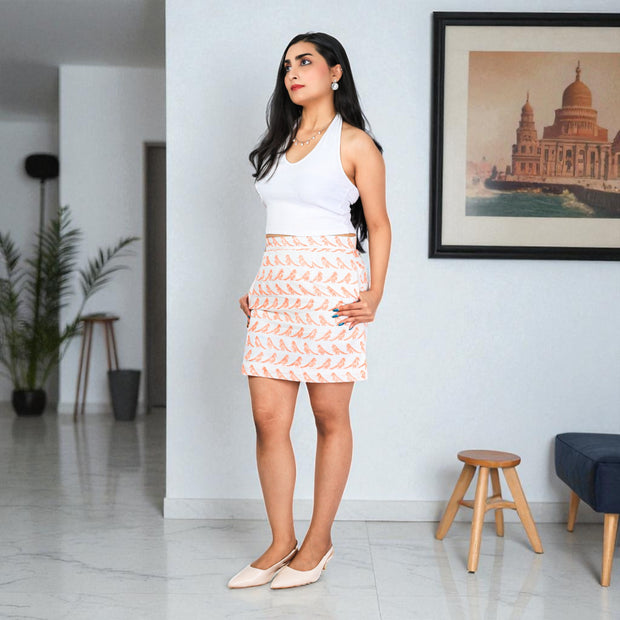 Hand Block Print Orange Bird Pattern Pencil Skirt