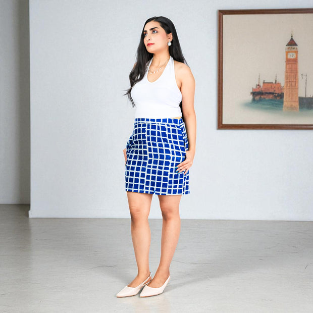 Hand Block Print Indigo Checks Pattern Pencil Skirt