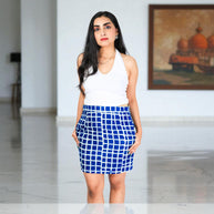 Hand Block Print Indigo Checks Pattern Pencil Skirt
