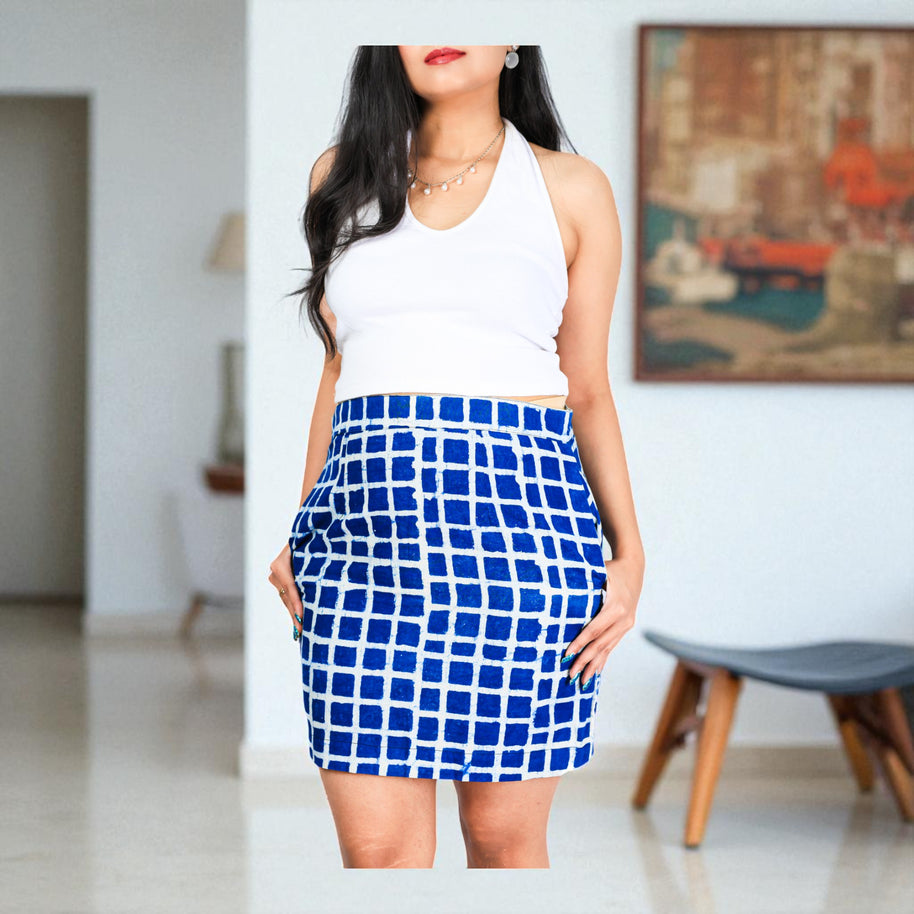 Hand Block Print Indigo Checks Pattern Pencil Skirt
