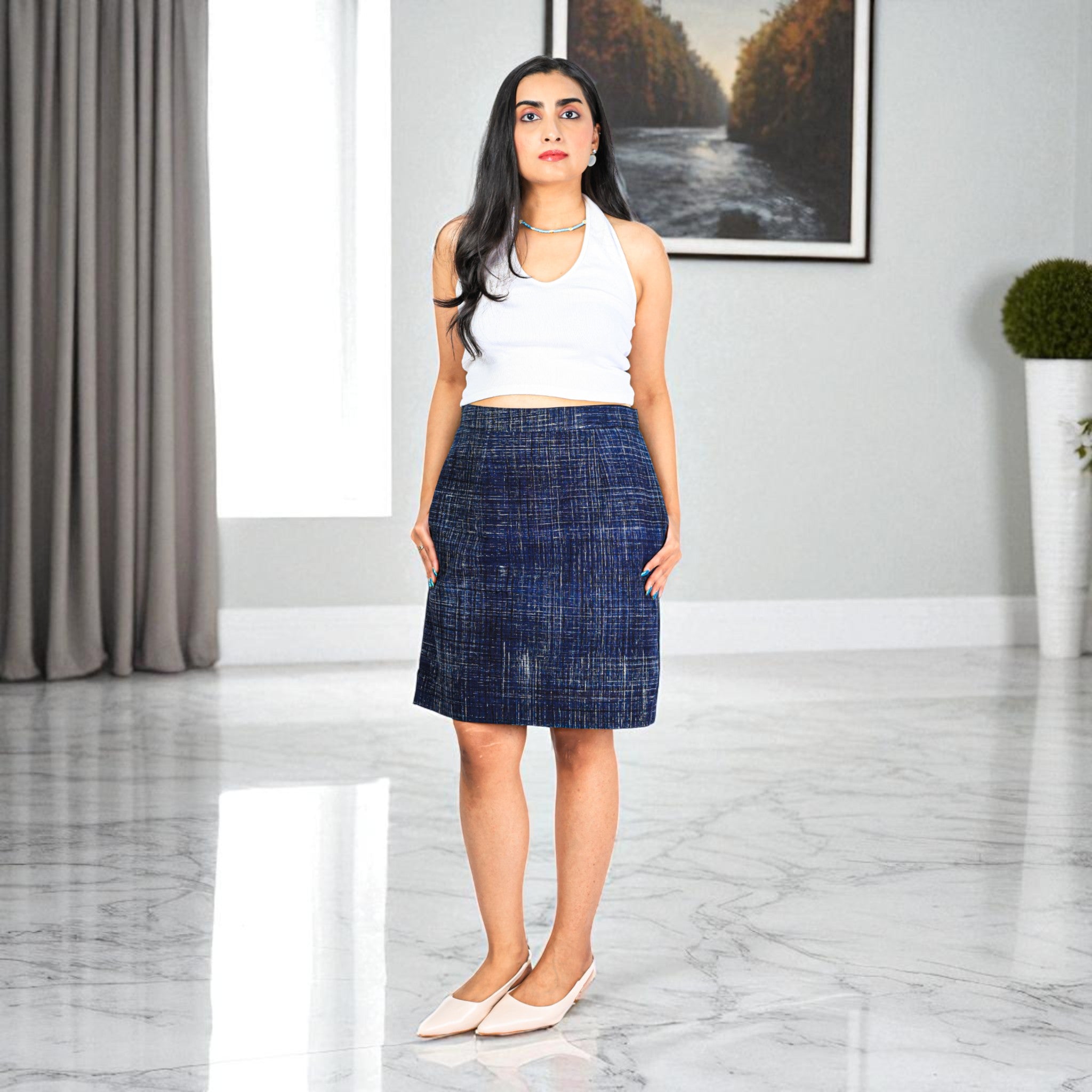 Hand Block Print Denim Pattern Skirt