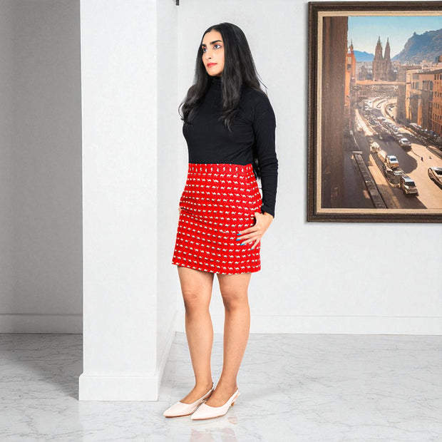 Red White Camel Hand Block Print Cotton Skirt