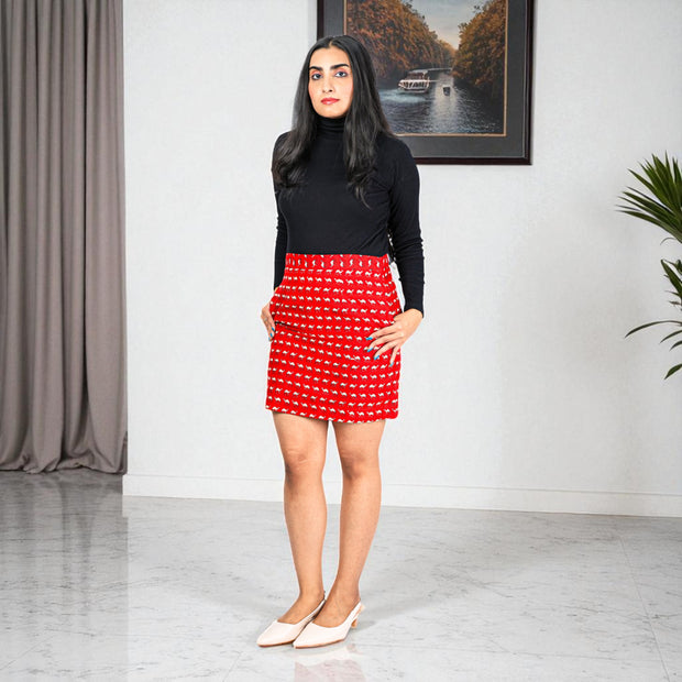 Red White Camel Hand Block Print Cotton Skirt