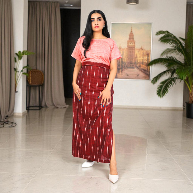 Maroon White Handwoven Cotton Long Skirt