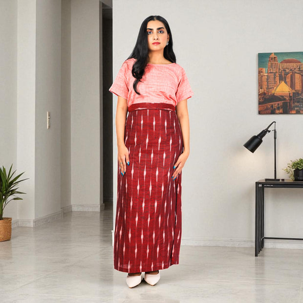 Maroon White Handwoven Cotton Long Skirt