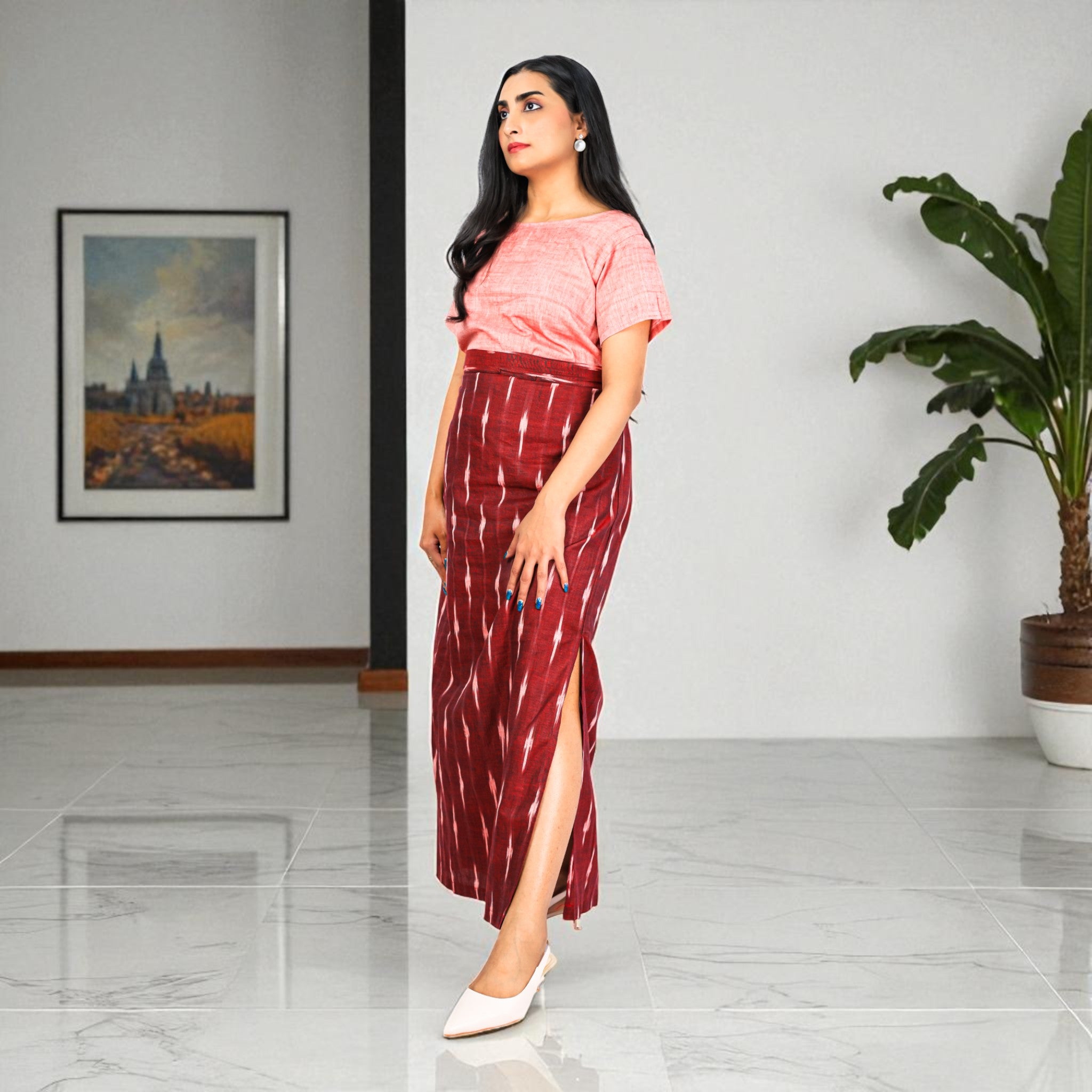Maroon White Handwoven Cotton Long Skirt