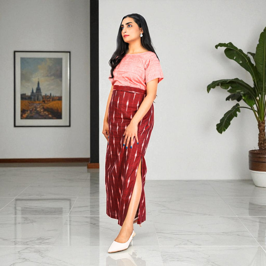 Maroon White Handwoven Cotton Long Skirt