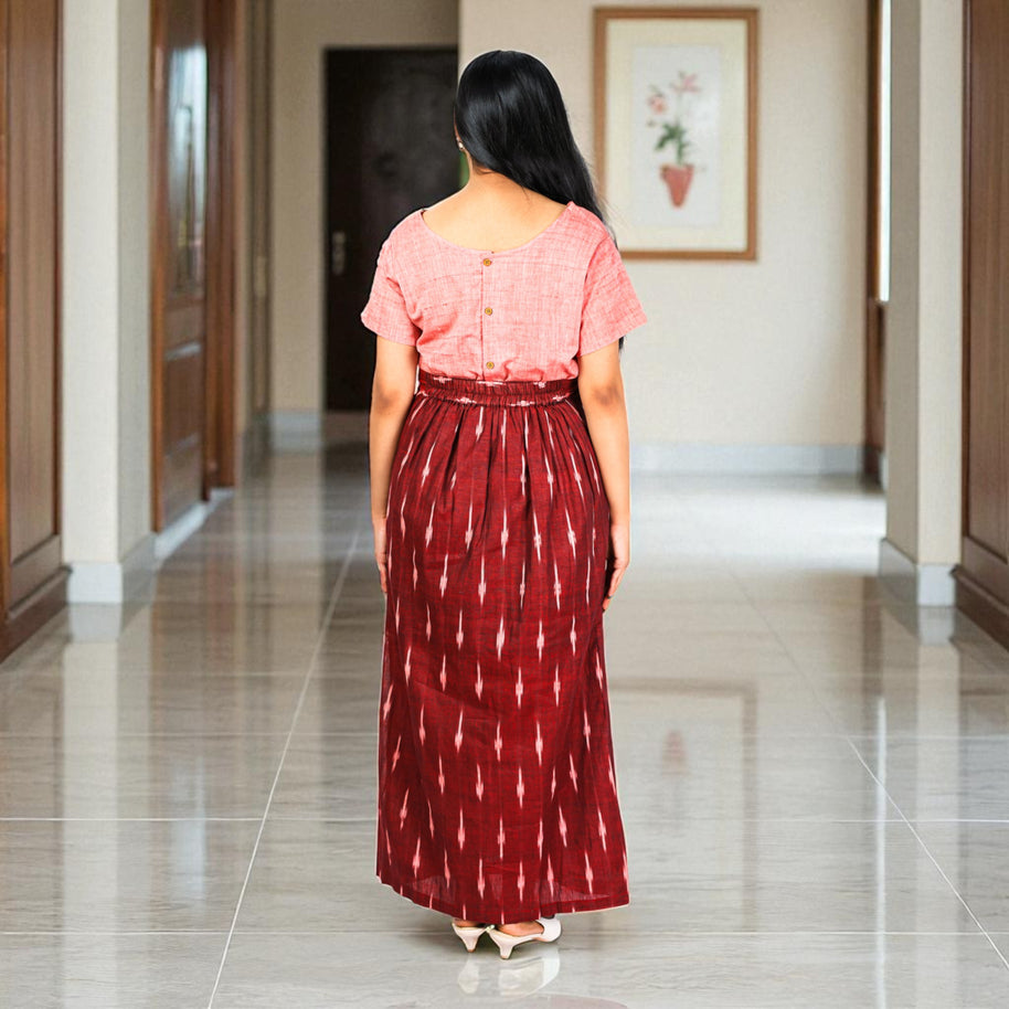 Maroon White Handwoven Cotton Long Skirt