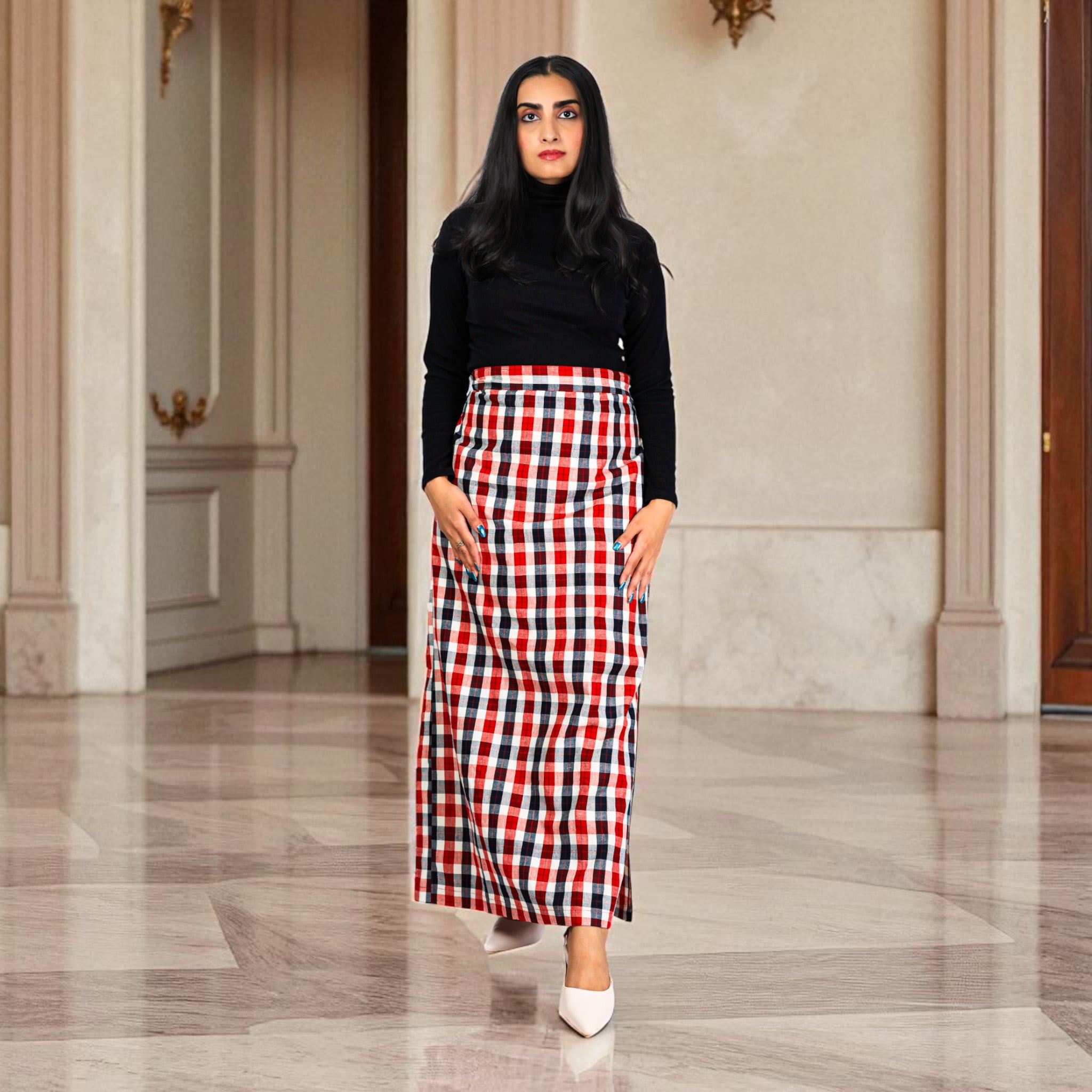 White Red Check Handwoven Cotton Long Skirt