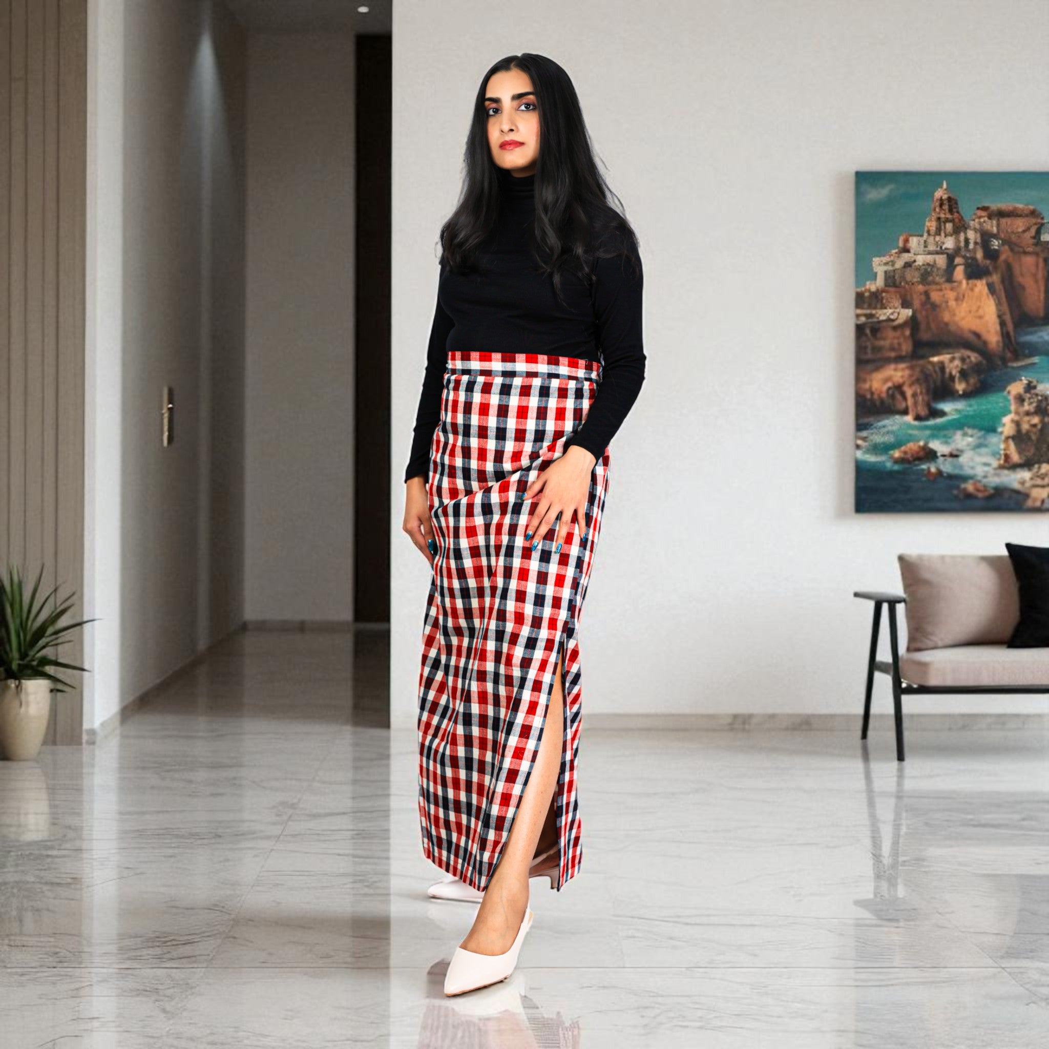 White Red Check Handwoven Cotton Long Skirt