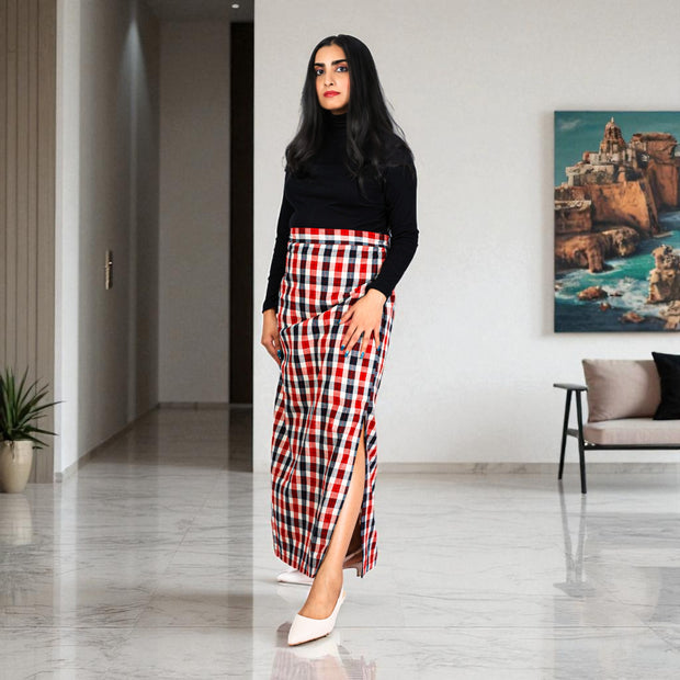 White Red Check Handwoven Cotton Long Skirt