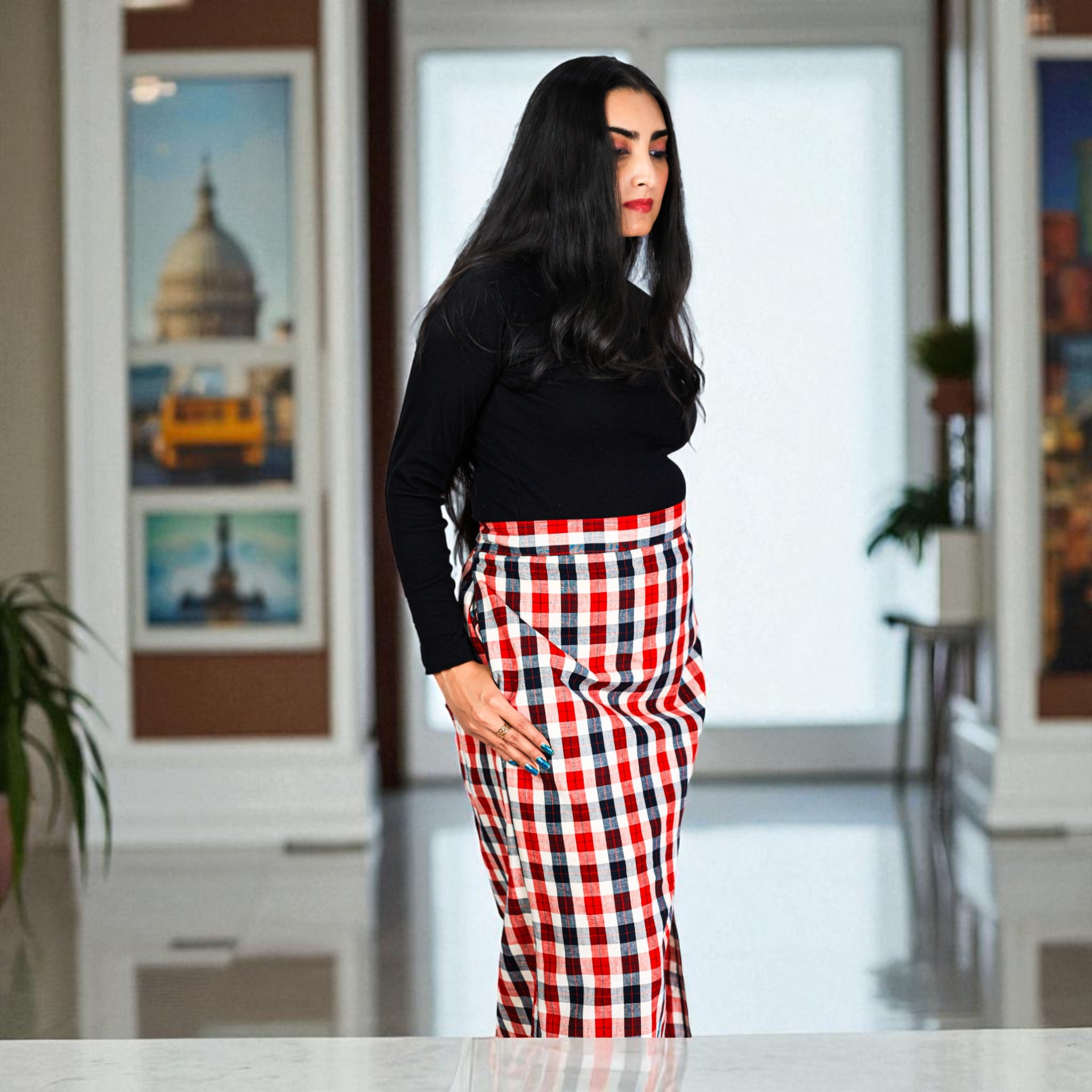 White Red Check Handwoven Cotton Long Skirt
