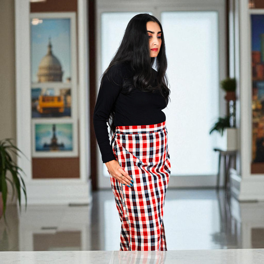 White Red Check Handwoven Cotton Long Skirt