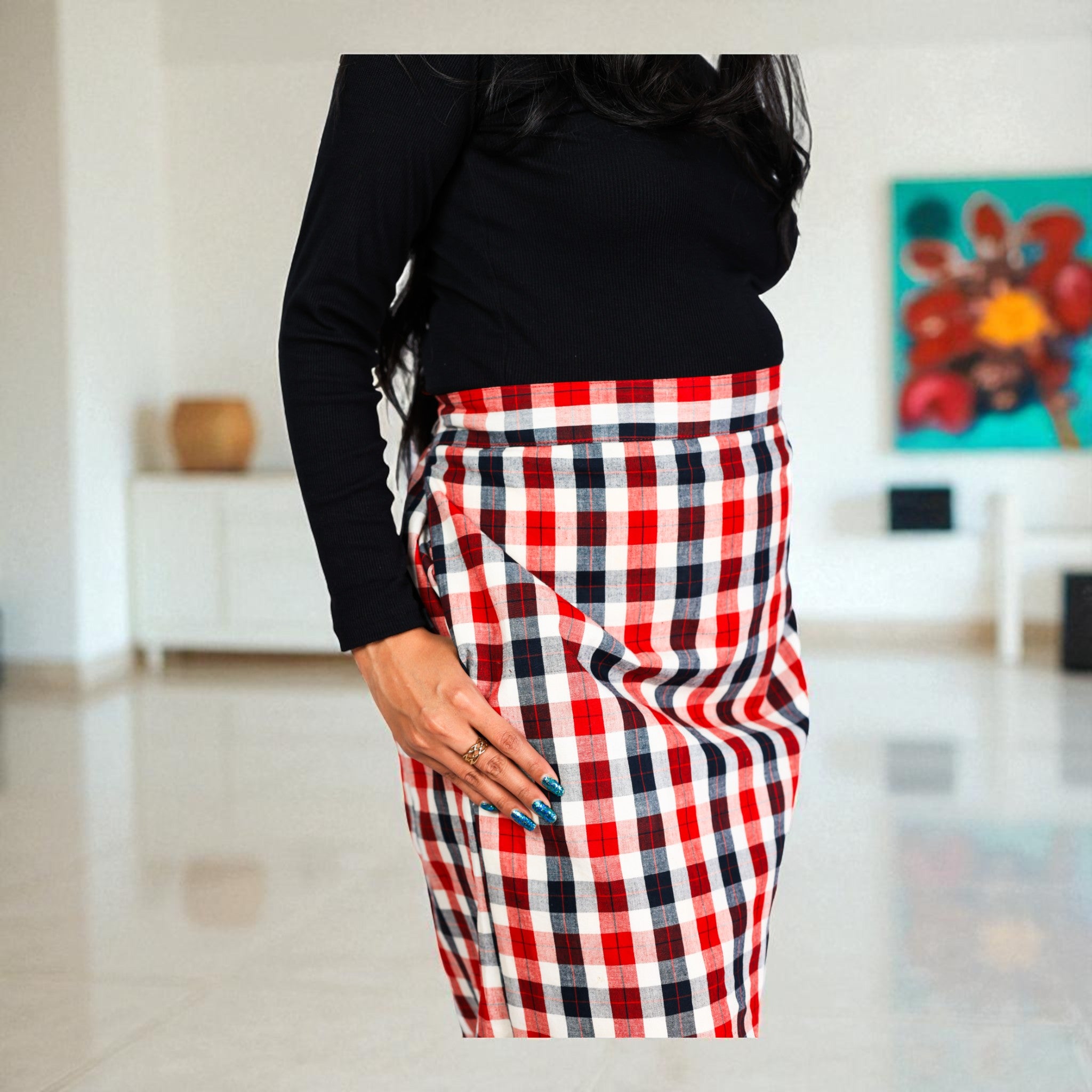 White Red Check Handwoven Cotton Long Skirt