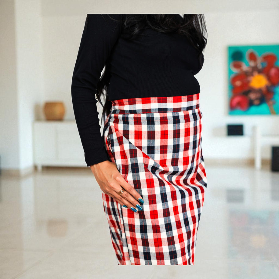 White Red Check Handwoven Cotton Long Skirt