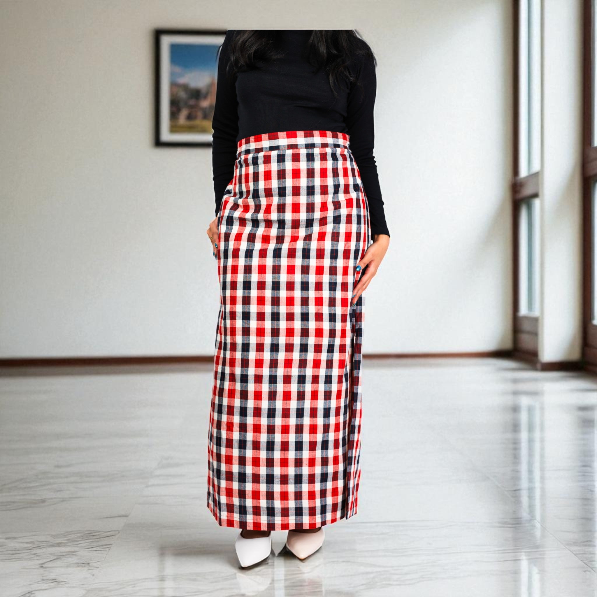 White Red Check Handwoven Cotton Long Skirt