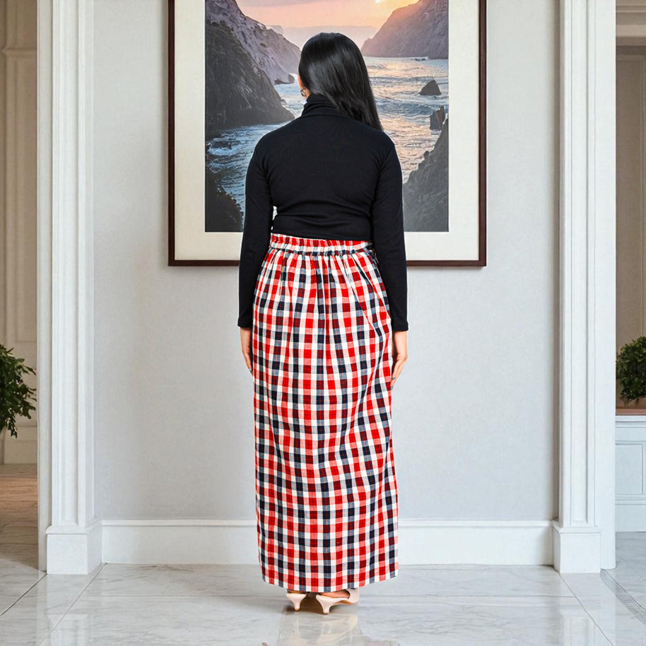 White Red Check Handwoven Cotton Long Skirt