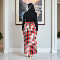 White Red Check Handwoven Cotton Long Skirt