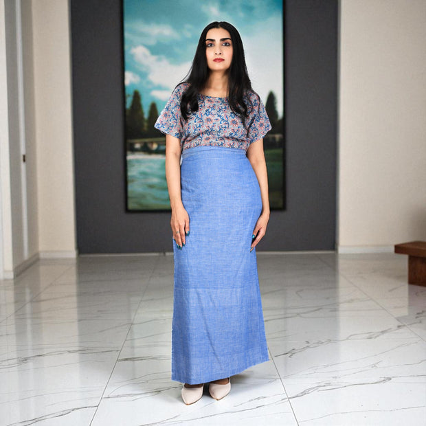 Sky Handwoven Cotton Long Skirt