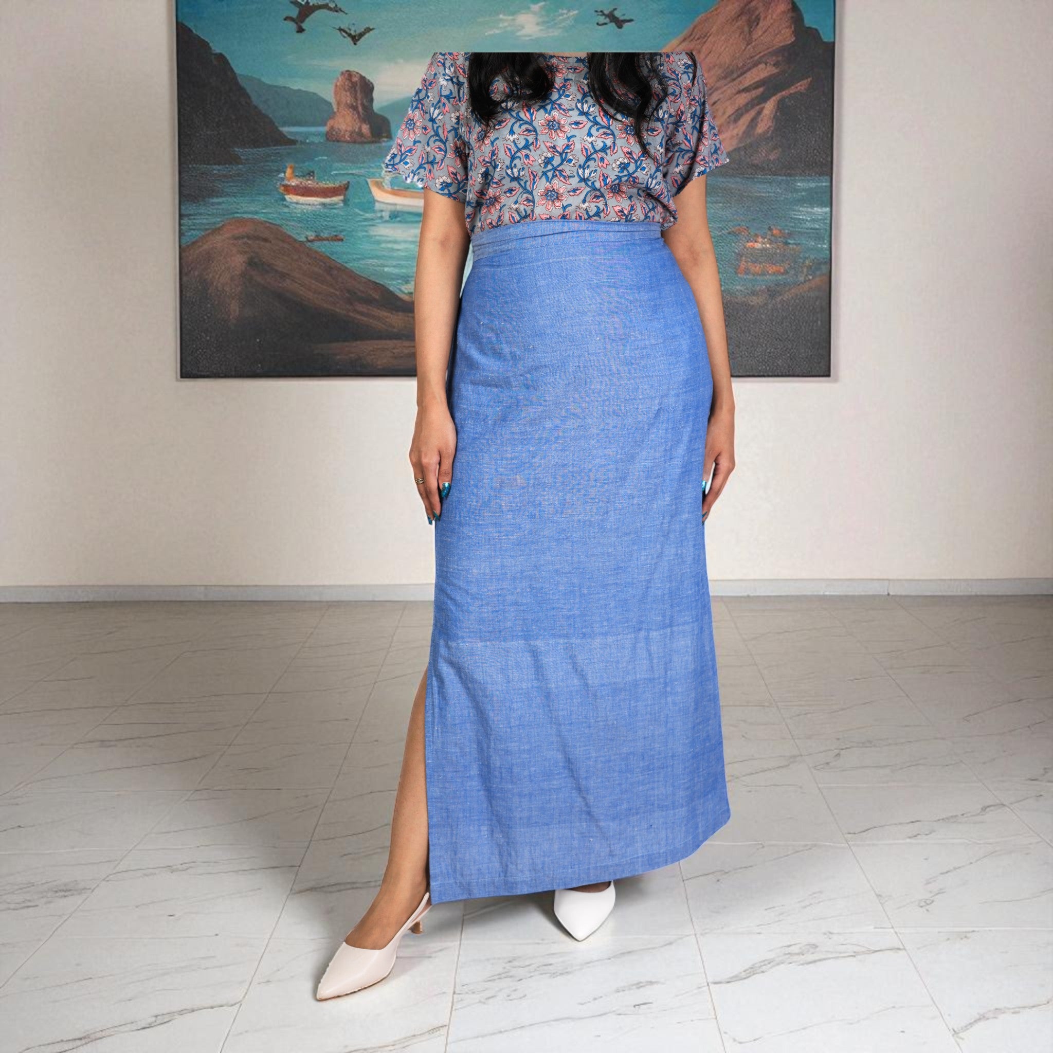 Sky Handwoven Cotton Long Skirt