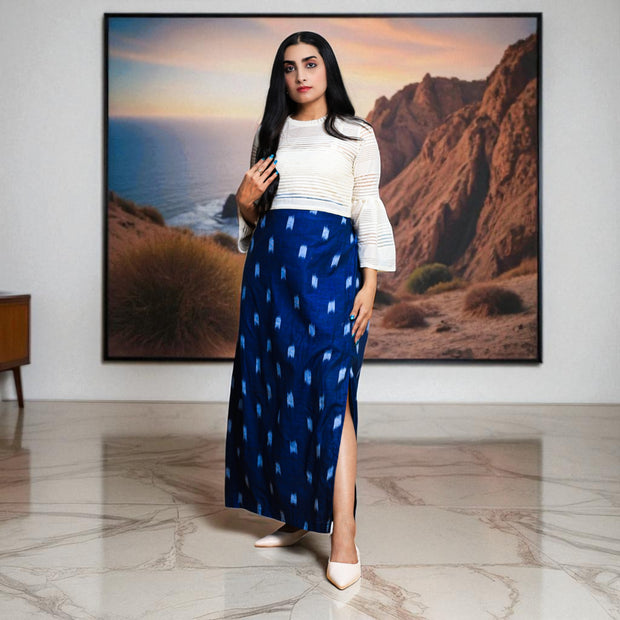 Blue White Handwoven Cotton Long Skirt