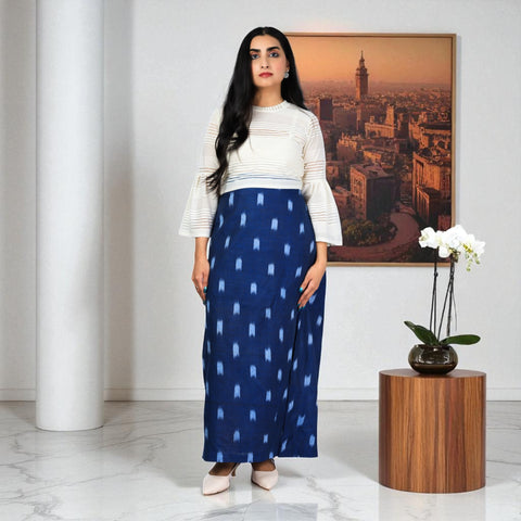 Blue White Handwoven Cotton Long Skirt