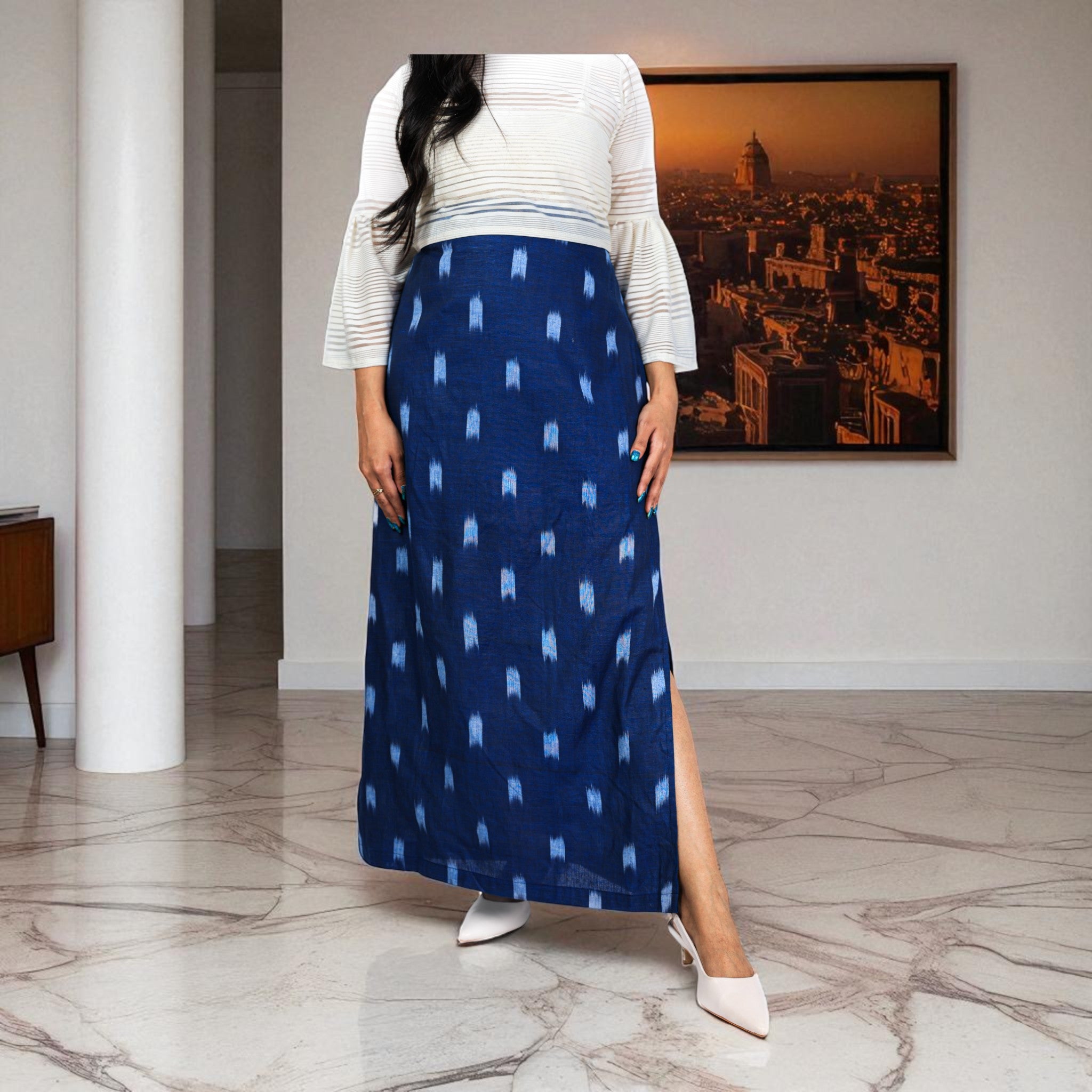 Blue White Handwoven Cotton Long Skirt
