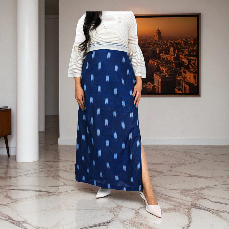 Blue White Handwoven Cotton Long Skirt