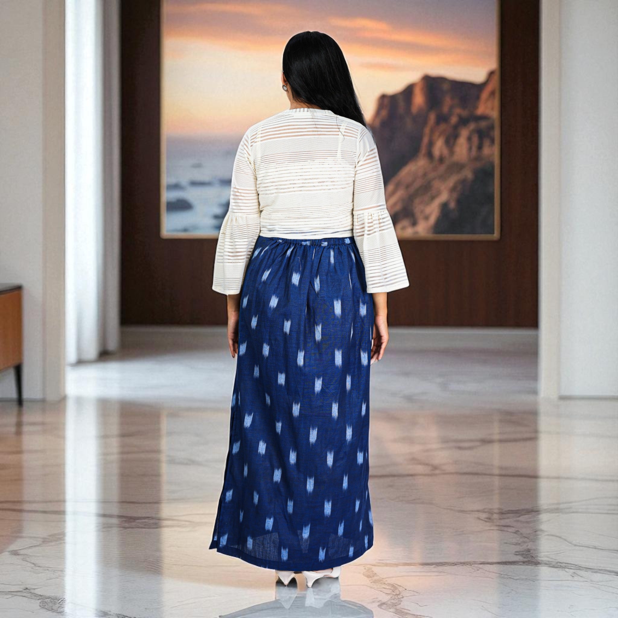 Blue White Handwoven Cotton Long Skirt