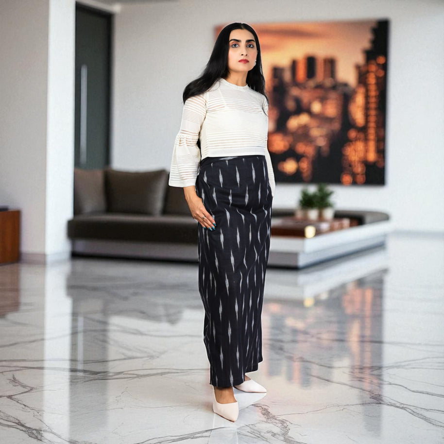 Black White Handwoven Cotton Long Skirt