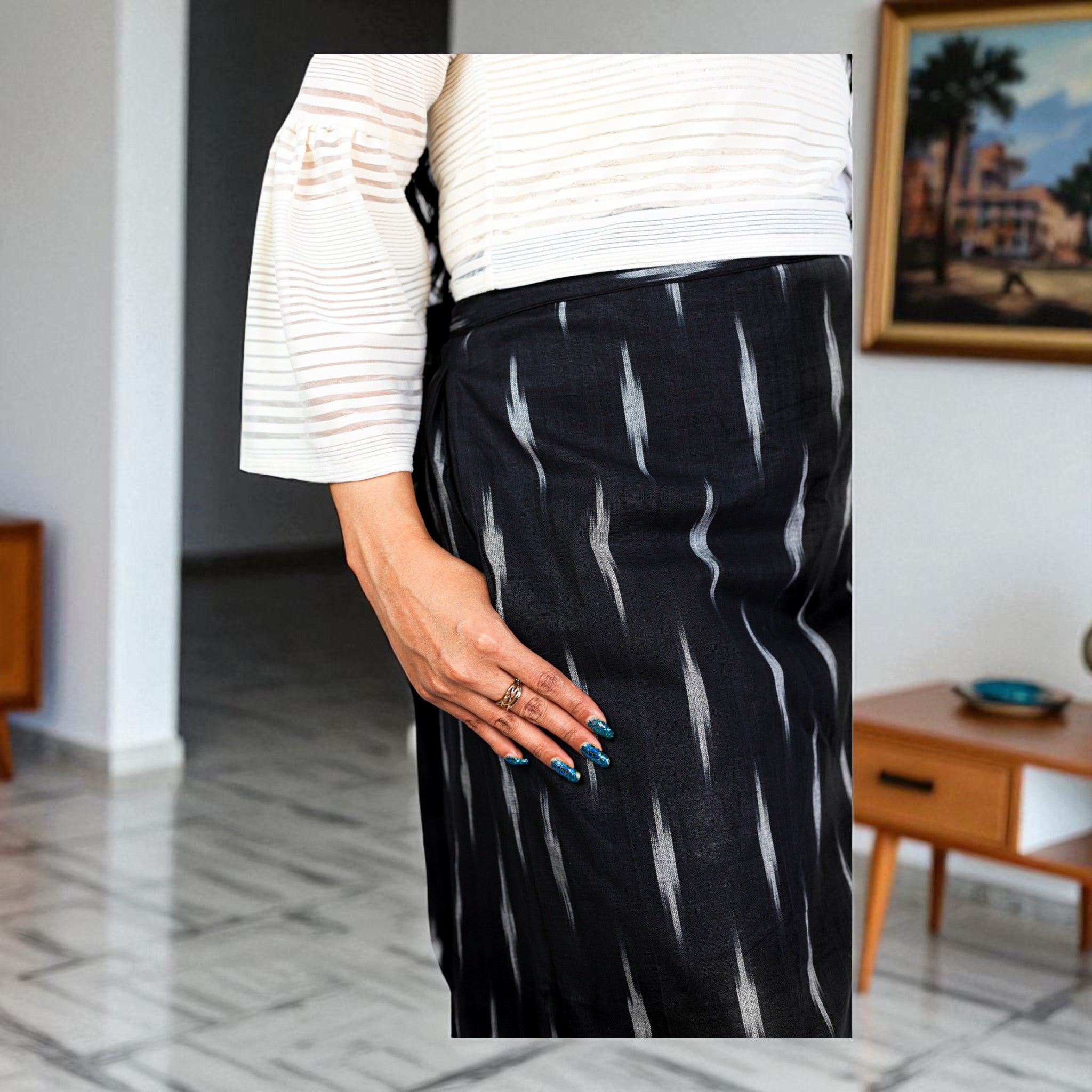 Black White Handwoven Cotton Long Skirt