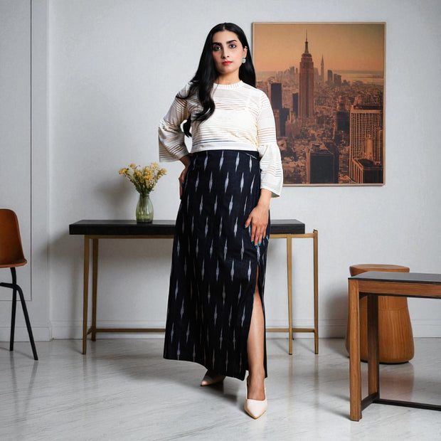 Black White Handwoven Cotton Long Skirt