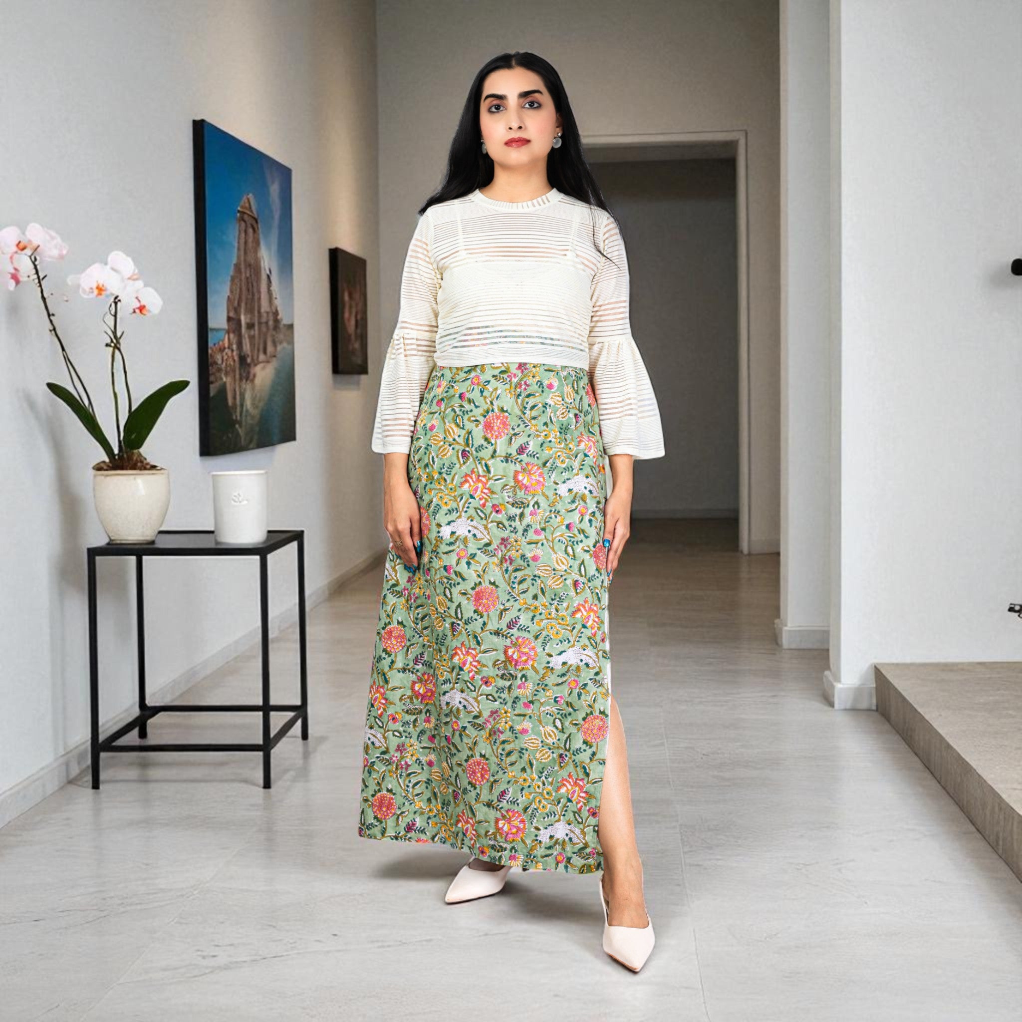 Olive Green Floral Hand Block Print Long Skirt