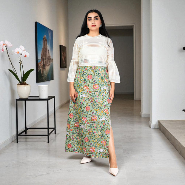 Olive Green Floral Hand Block Print Long Skirt