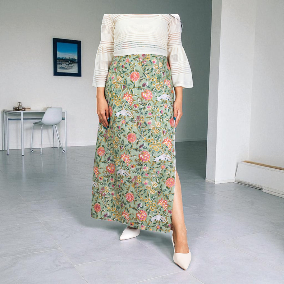 Olive Green Floral Hand Block Print Long Skirt